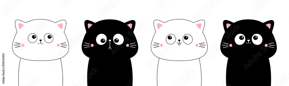 Obraz premium Black white cat face head line contour silhouette icon set. Funny kawaii smiling sad doodle animal. Pink blush cheeks. Cute cartoon character. Pet collection. Flat design. Baby background.