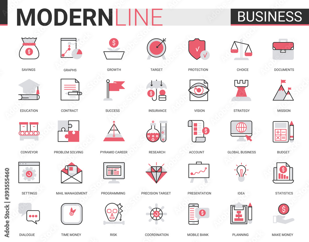 Business flat thin red black line icon vector illustration set with ...