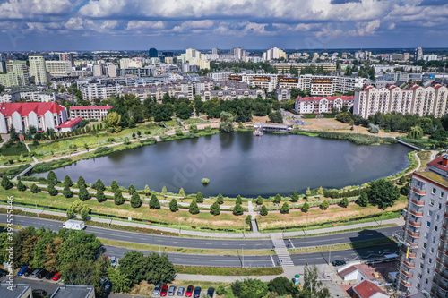 Small artifical lake in Goclaw housing estate, part of South Praga district of Warsaw, capital of Poland