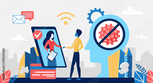 Online business contract concept vector illustration. Cartoon business partner people shake hands through smart phone screen, successful partnership teamwork during quarantine lockdown, background