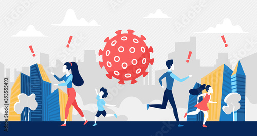 Social panic over coronavirus covid19 crisis vector illustration. Cartoon people run in stress, man woman and child panicking, running away from epidemic health danger, virus risk concept background