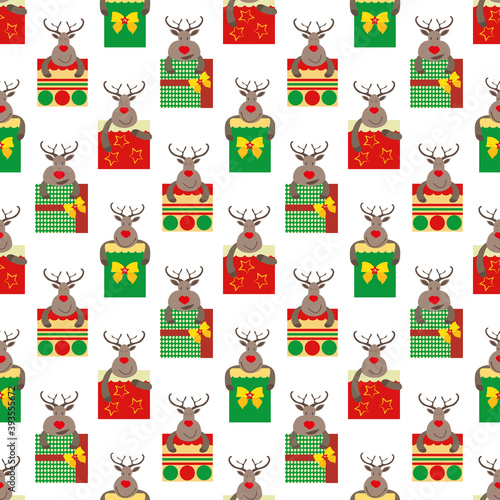 Vector cartoon reindeer with giftboxes seamless pattern background. Cute animal characters with square bow tied presents on white background. Traditional Christmas colors. Funky fun all over print.