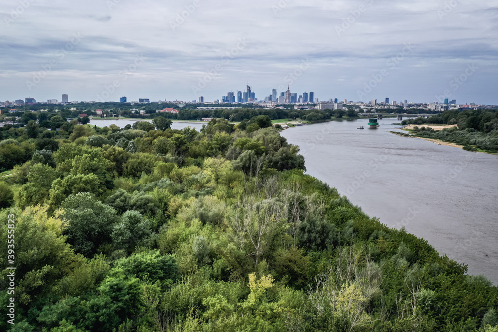 Vistula River in Warsaw, capital of Poland - drone view from Siekierki area of Mokotow district