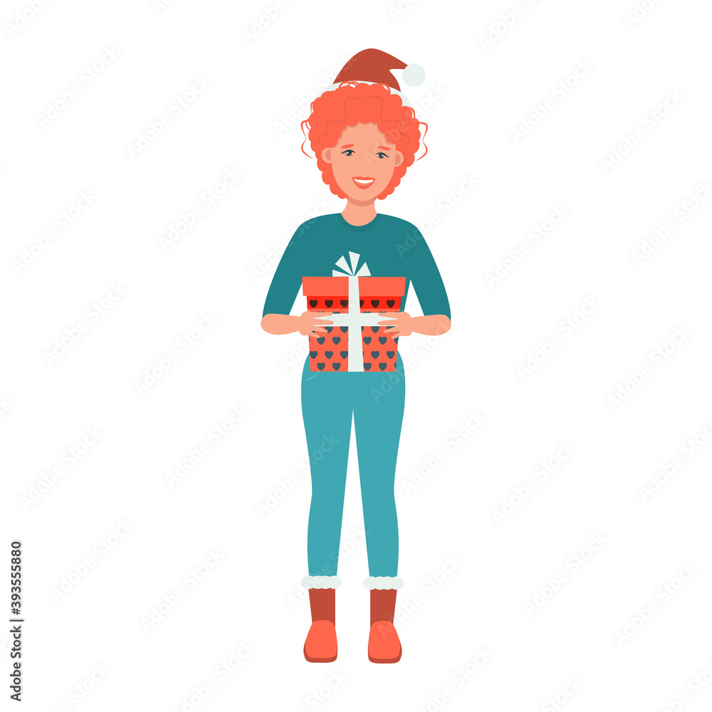 red-haired girl holding a gift box. Vector illustration in flat style red-haired girl holding a gift box. Vector illustration in flat style