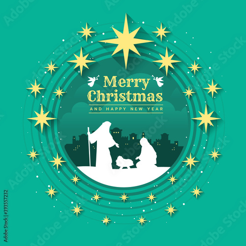 Merry christmas - Birth of Christ , Birthday Jesus in circle frame and gold star around on green background  vector illustration design