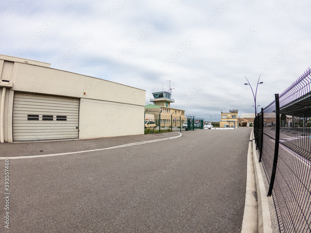 Carcassonne / France - March 15, 2020: Carcassonne-Salvaza Airport air traffic control tower. Carcassonne / France - March 15, 2020: Carcassonne-Salvaza Airport air traffic control tower.