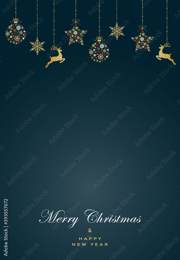 Naklejka premium Greeting card with christmas ball, star made from snowflakes and dear on dark green background.New year them. Vector illustration