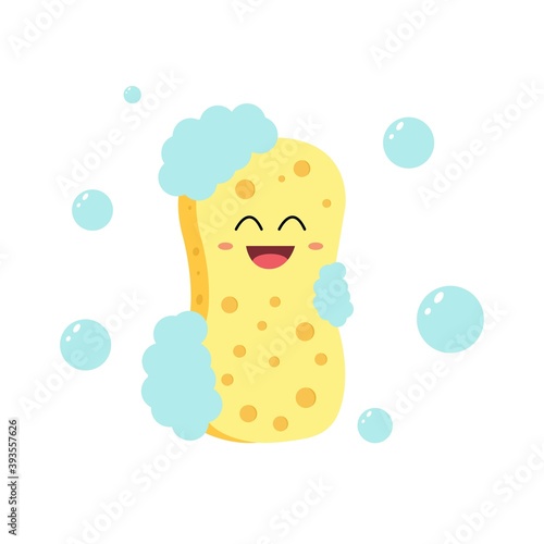 Funny cute yellow sponge bath character.Vector. Isolated on white background. Soap bubble concept