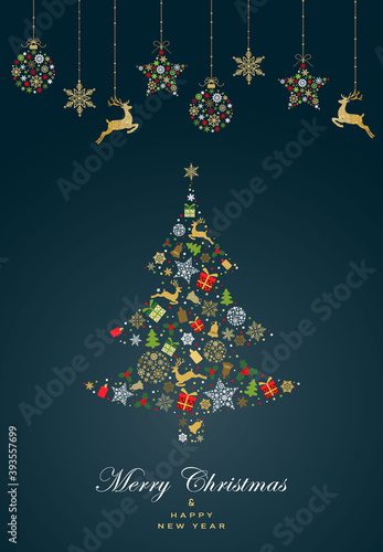 Greeting card with Christmas ball, christmas tree and dear made from red, green, white and gold snowflakes on dark green background. Holiday pattern. Vector illustration