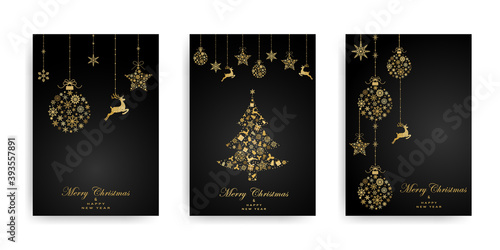 Pack of greeting cards with Christmas  ball, christmas tree and dear made from gold snowflakes on black background. Holiday pattern. Vector illustratio