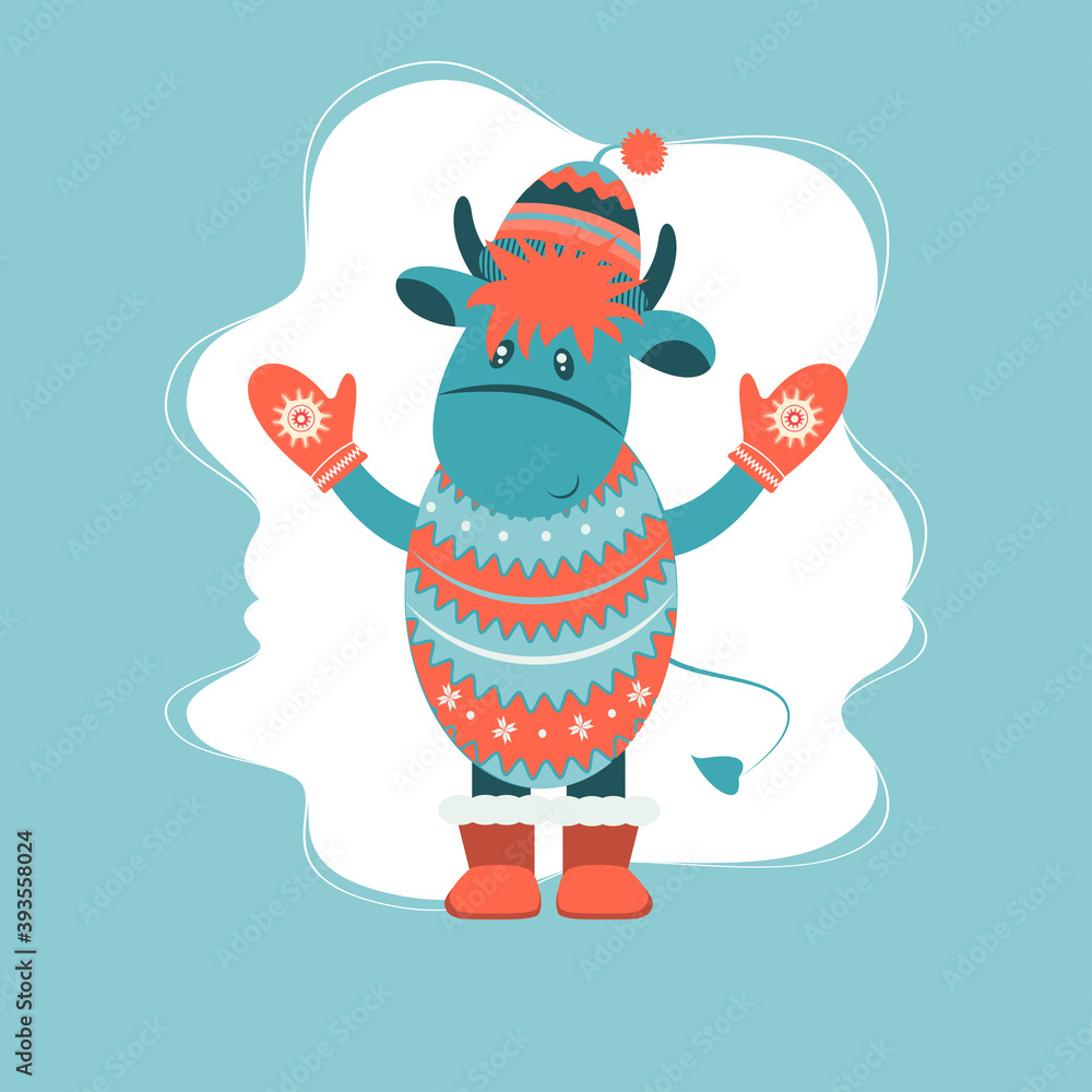 Fototapeta premium Year of the bull 2021. Year of ox. Funny Cow. Funny Bull in a hat New year and merry christmas illustration. Bull zodiac symbol of the year 2021.