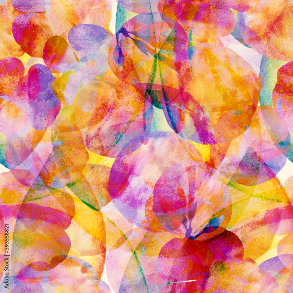 Bold color concept. Surreal vivid flower silhouettes print in impressionism style. A seamless pattern with flowers and buds in pink, red and violet colors. Abstract repeat floral vivid print.