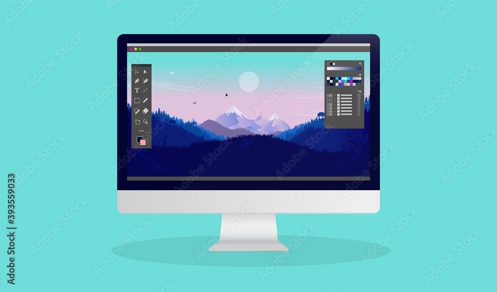 Vector illustration of unbranded photo editing software on computer screen. Clean teal background. Vector illustration of unbranded photo editing software on computer screen. Clean teal background.