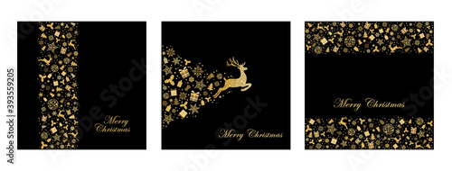 Pack of greeting cards with gold Christmas  deer, gifts, snowflakes, christmas tree on black background. Vector illustration. Gold holiday pattern