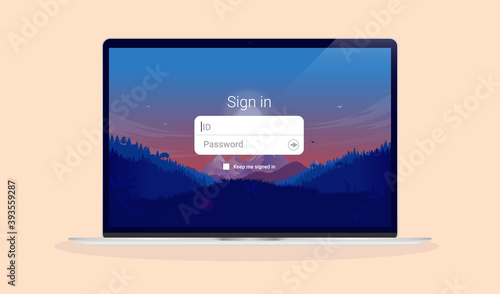 Laptop sign in screen - Brand new unbranded computer with welcome screen ready to be signing in with username and password. Vector illustration.