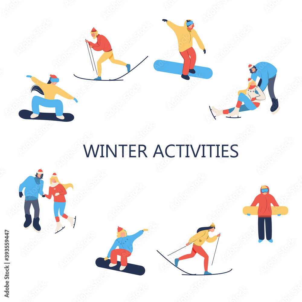 Fototapeta premium Snowboarding, skating and skiing in winter landscape. Winter activities. Landing page template. Cute illustration in flat style.