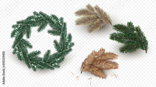 Set of colorful fir branches with garland. Christmas Wreath. Christmas tree, pine.