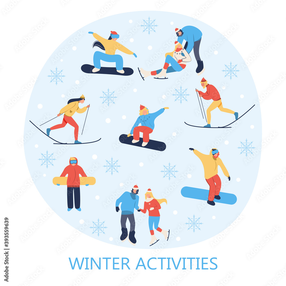 Snowboarding, skating and skiing in winter landscape. Winter activities. Landing page template. Cute illustration in flat style.