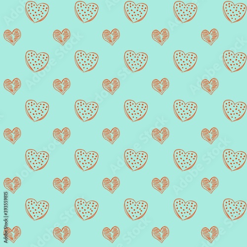 Doodle seamless pattern of orange hearts on an azure-green sea backdrop. Background for valentines, fabrics, textiles, postcards, website. Romantic Vector illustration.
