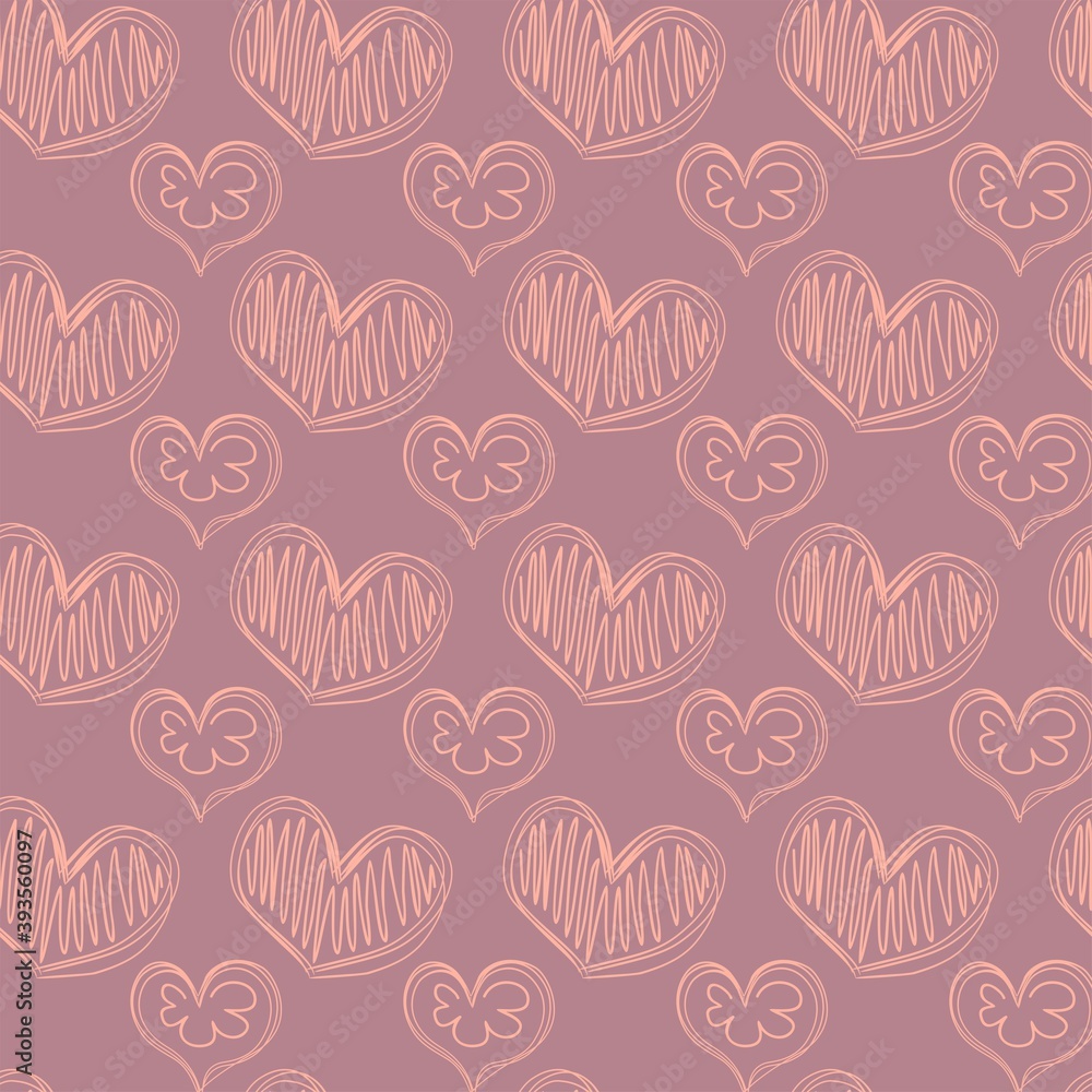 A seamless pattern of doodle cream hearts on a soft pink backdrop. Pastel background for Valentine cards, fabrics, textiles, postcards, and websites. Romantic Vector illustration. A seamless pattern of doodle cream hearts on a soft pink backdrop. Pastel background for Valentine cards, fabrics, textiles, postcards, and websites. Romantic Vector illustration.