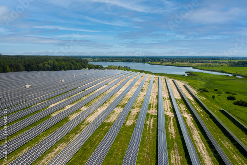 Renewable energy from the sun. Aerial view of solar panels.