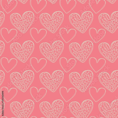 Seamless pattern of doodle pink hearts on a ballet-pink background. Pastel background for valentines, fabrics, textiles, postcards and websites. Romantic vector illustration.