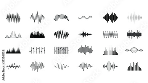 Set Black Collection Abstract Elements Audio Waves Voice Sound Music Shapes Vector Design Style