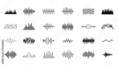 Set Black Collection Abstract Elements Audio Waves Voice Sound Music Shapes Vector Design Style
