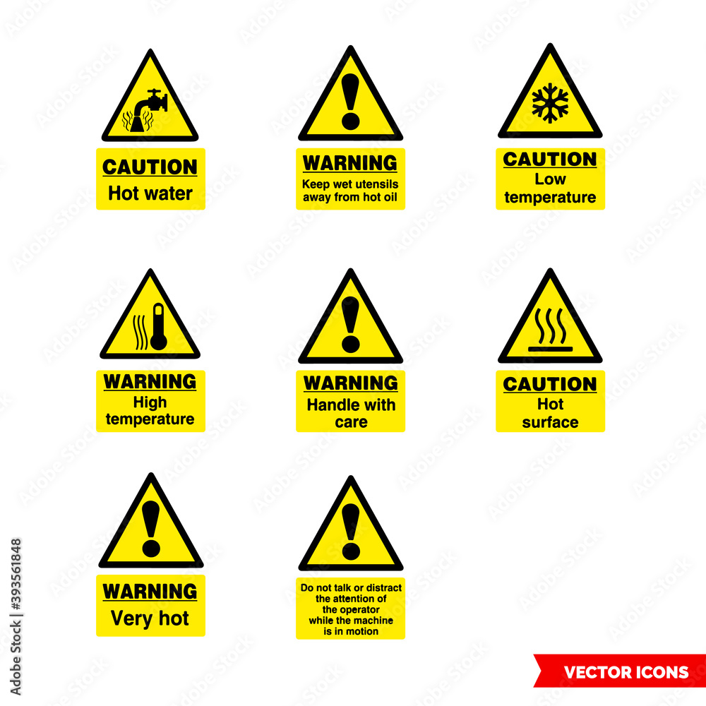 Food safety hazard signs icon set of color types. Isolated vector sign