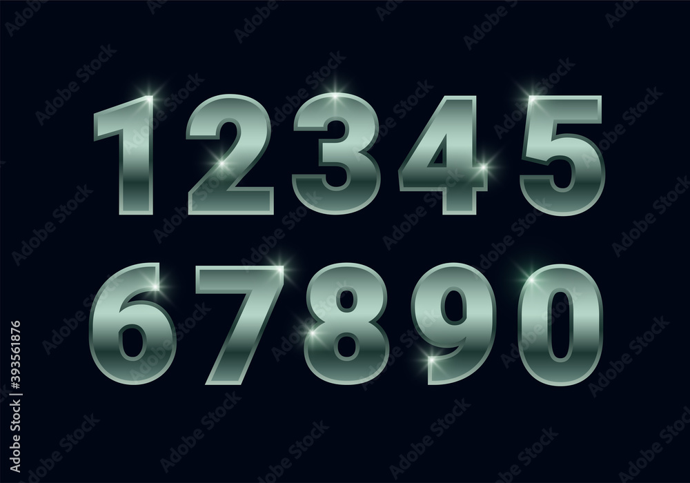 Green shiny numbers set, metallic chrome font signs isolated on black background. Luxury fashion white gold typography design for decoration, design, web, advert, greeting card. Vector illustration Green shiny numbers set, metallic chrome font signs isolated on black background. Luxury fashion white gold typography design for decoration, design, web, advert, greeting card. Vector illustration