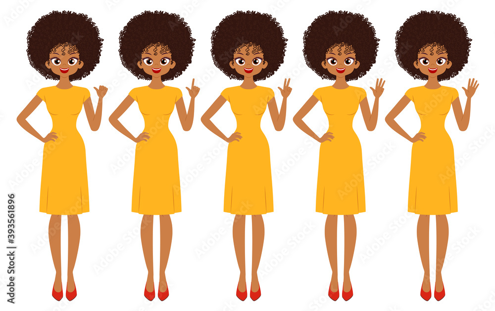 Young woman character showing numbers from one to five by fingers. Isolated on white background Young woman character showing numbers from one to five by fingers. Isolated on white background