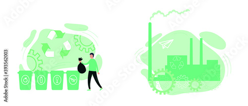 vector set of illustrations of the sorting of refuse. concept art waste recycling. waste incineration plant.