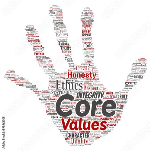 Vector conceptual core values integrity ethics hand print stamp concept word cloud isolated background. Collage of honesty quality trust, statement, character, perseverance, respect and trustworthy