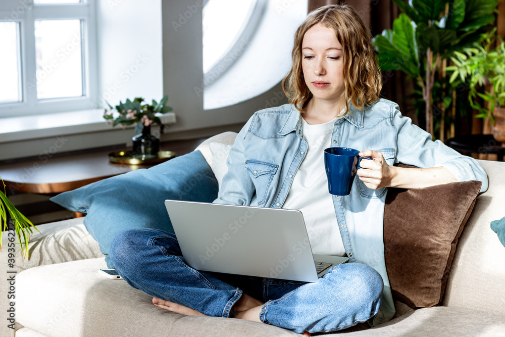 Beautiful woman working on laptop at home. Business meeting online Beautiful woman working on laptop at home. Business meeting online