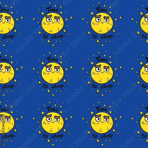 Vector seamless pattern with moon and stars and the inscription time to sleep. Cute doodle concept on a blue background is suitable for clothes for home, sleep, children and girls
