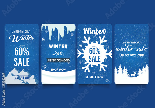 Set of abstract winter backgrounds for social media stories. Colorful winter banners with falling snowflakes, snowy trees. Wintry scenes . Use for event invitation, discount voucher, ad. Vector eps 10