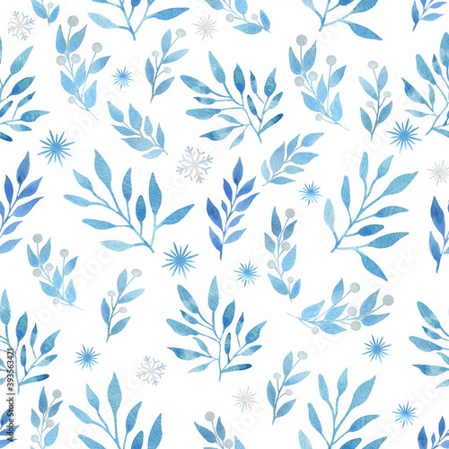 Christmas watercolor seamless pattern with blue branches