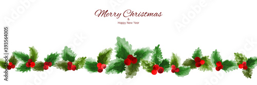 Christmas long banner with holly berry watercolor hand painted