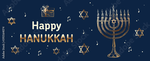 Hanukkah blue background with holiday candles, Hebrew David stars. Vector illustration.