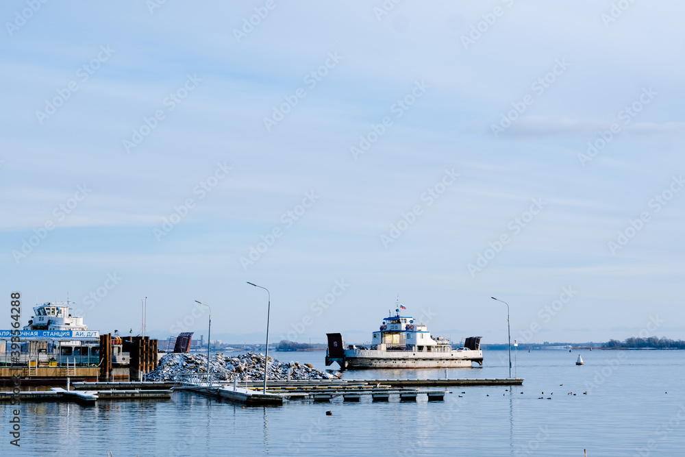 fishing boats in the sea. ferry on the winter sea. Winter sea landscape