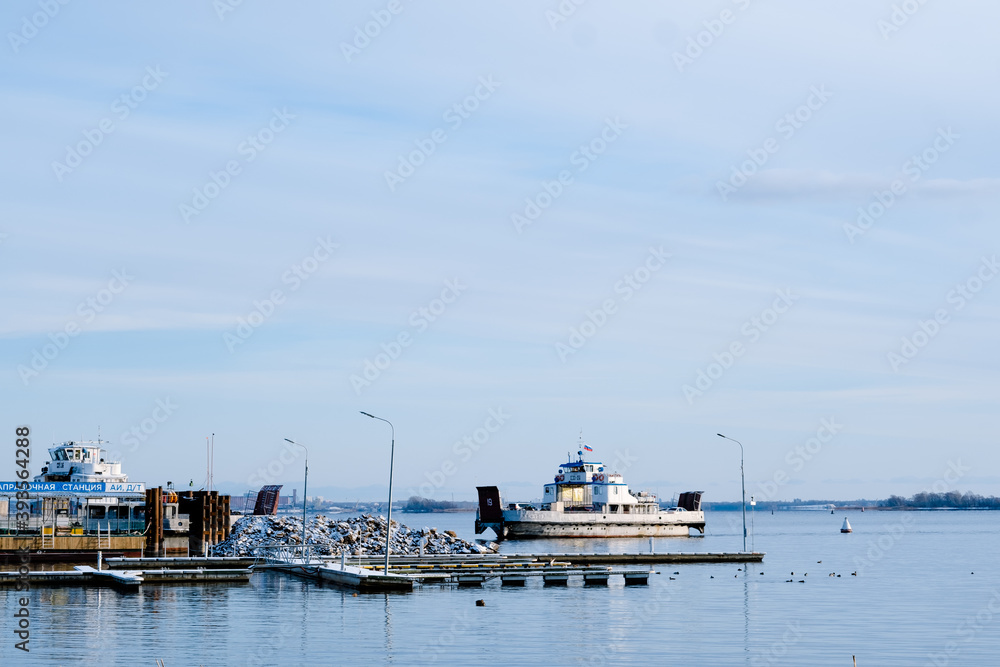fishing boats in the sea. ferry on the winter sea. Winter sea landscape fishing boats in the sea. ferry on the winter sea. Winter sea landscape