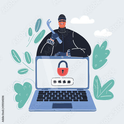 Vector illustration of eye masked thief behind a laptop. He wants to steal the password