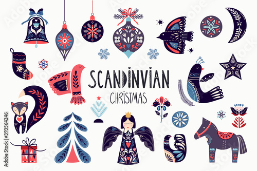 Scandinavian Christmas collection with ornamental traditional elements isolated on white