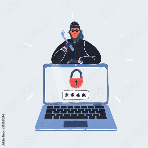 Vector illustration of eye masked thief behind a laptop. she wants to steal the password. on isoleted background.