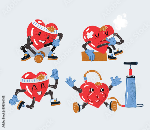 Vector set of illustration of heart characters. Run, smoke, doing exersice heart on white background. Heart is under a lot of pressure on white background.