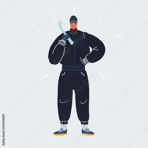 Vector illustration of burglar with a crowbar in his hand on dark backround. Comic character.
