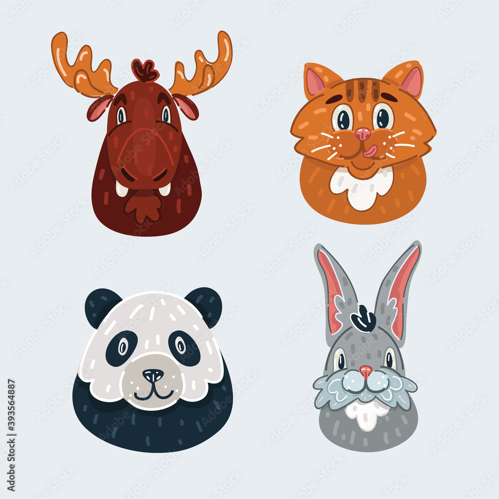 Fototapeta premium Vector illustration of animal faces set. Moose, panda, hare, cat.
