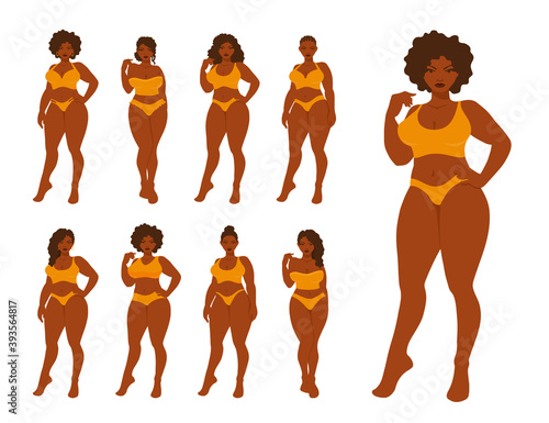 Various beautiful African-American women wear lingerie, underwear, swimwear. Curvy attractive woman, plus size girl in a full length. Vector illustration set.