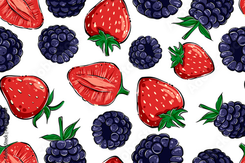 Seamless pattern of starwberries and blackberries, color, vector