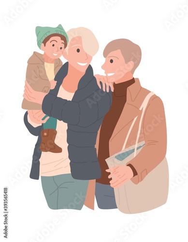 Same-sex family with a child on walk to store. Two men love each other and spend time together. LGBTQ flat family. Fathers homosexuals and son. Couple smiling on isolated. Vector stock illustration.
